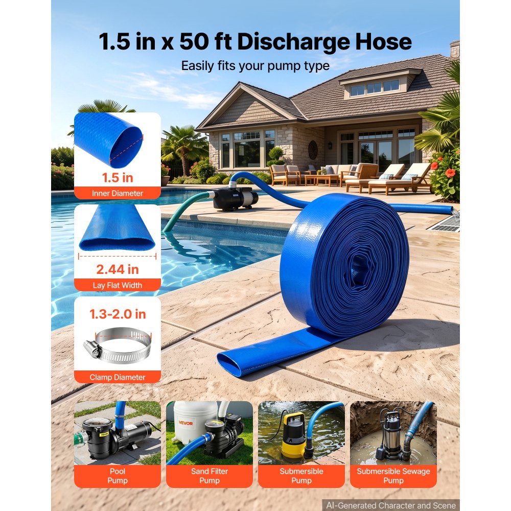 VEVOR Discharge Hose 1-1/2" x 50 ft PVC Lay Flat Backwash Water Pump Hose, for Swimming Pool Sand Filter & Sump Pump