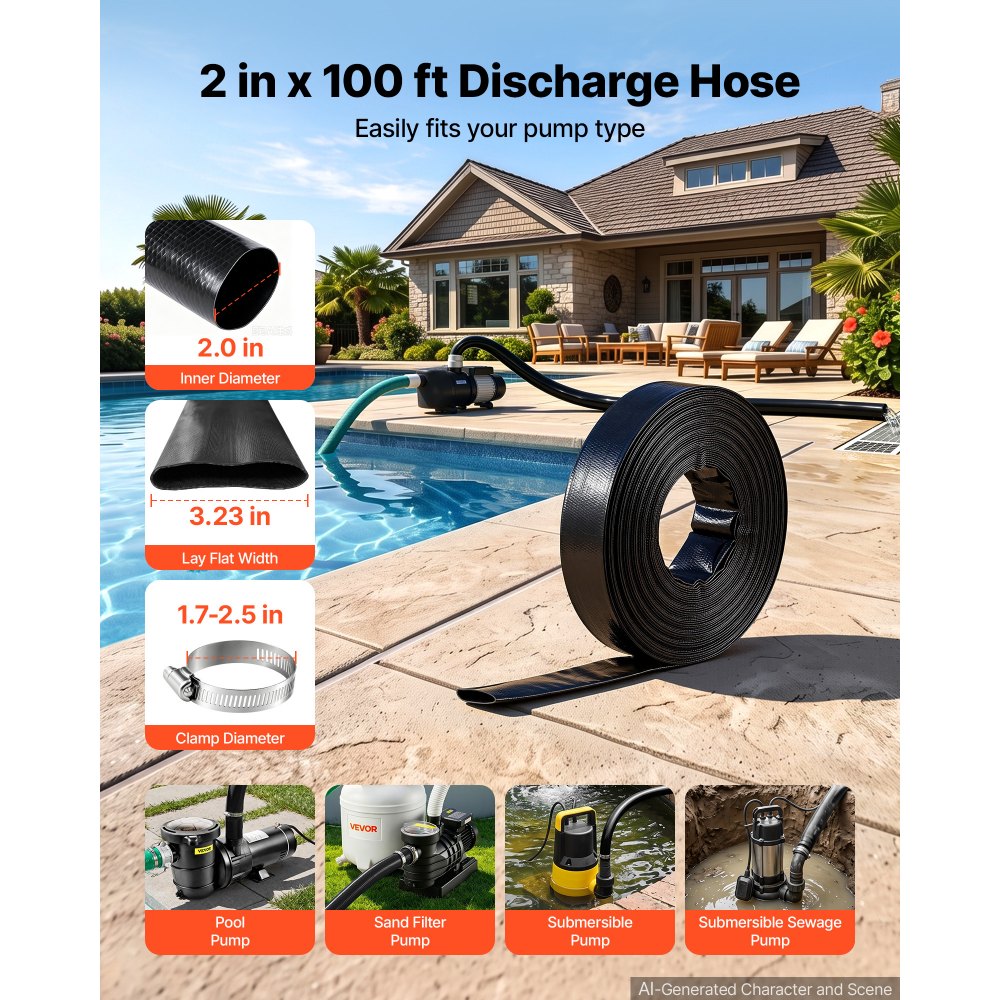 VEVOR Discharge Hose 2" x 100 ft PVC Lay Flat Backwash Water Pump Hose, for Swimming Pool Sand Filter & Sump Pump