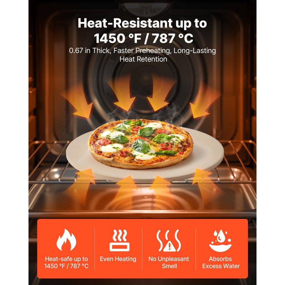 VEVOR Pizza Stone, 15 in Round Pizza Stone, 0.67 in Large Cordierite Baking-Stone with Metal Peel, Scrape, 1450℉