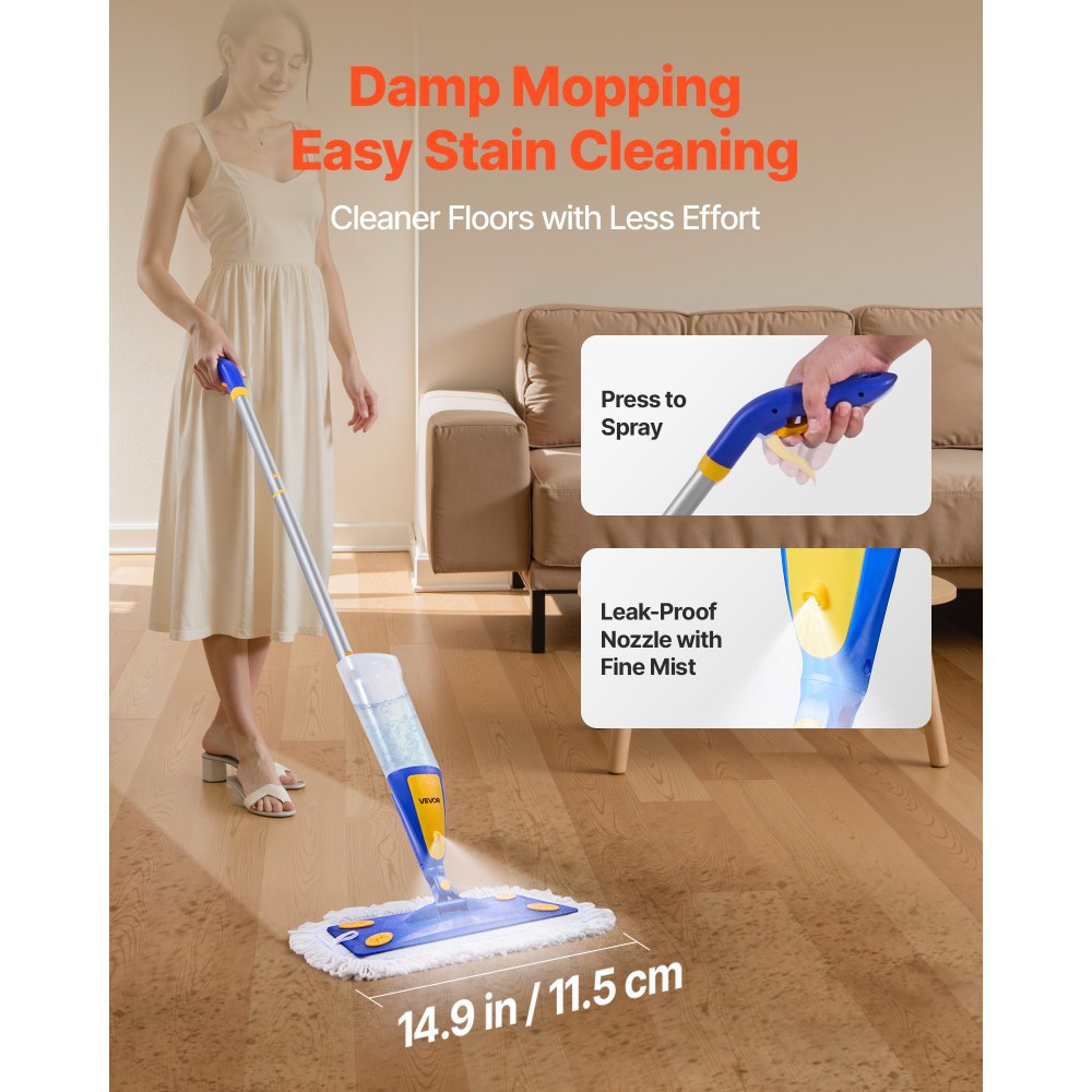 VEVOR Spray Mop, with 3 Washable Pads for Dry and Wet Floor Cleaning and a 27oz Refillable Water Tank, Microfiber Dust