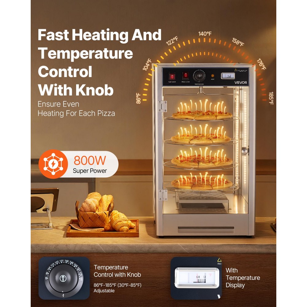 VEVOR Commercial Food Warmer Display, 4-Tier Pizza Warmer with Rotary Steam Heating for 14 in Pizza, 86℉~185℉