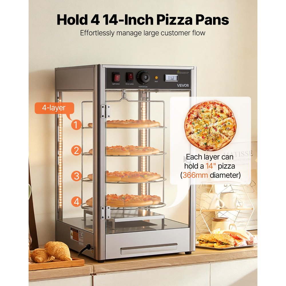VEVOR Commercial Food Warmer Display, 4-Tier Pizza Warmer with Rotary Steam Heating for 14 in Pizza, 86℉~185℉