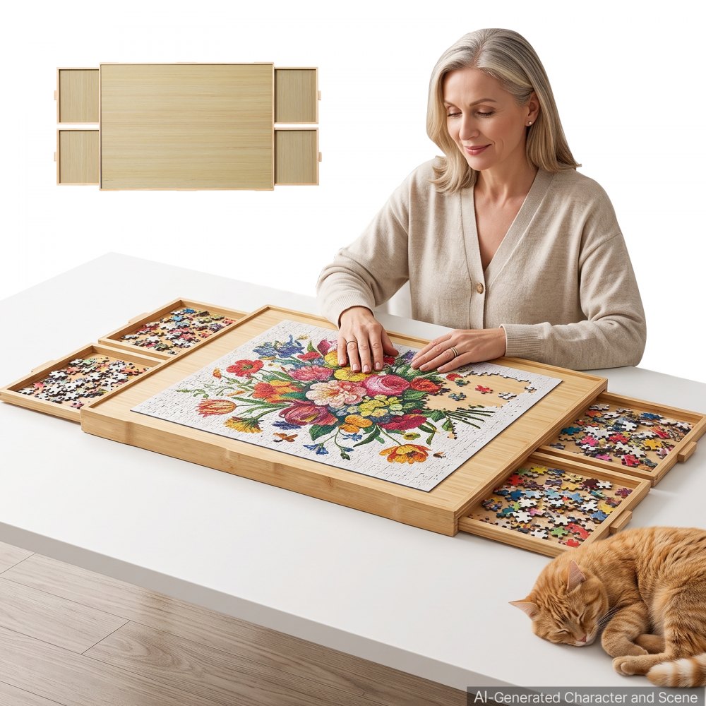 VEVOR 1500 Piece Rotating Puzzle Board with 4 Drawers and Cover, 34x25 in, Birthday Gift for Mom, Portable Wooden