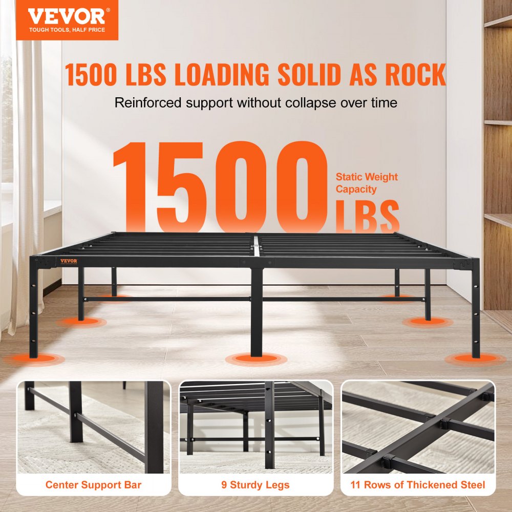 VEVOR 14 Inch Queen Metal Bed Frame Platform, No Box Spring Needed, 1500 lbs Loading Capacity Embedded Heavy Duty