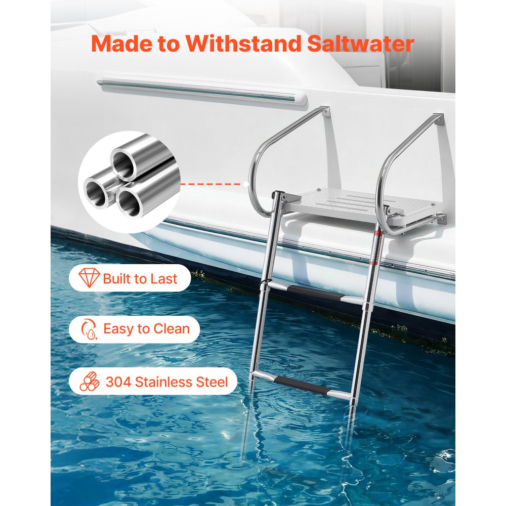 VEVOR Boat Ladder, 3 Steps, Stainless Steel Telescoping Folding Swim Deck Ladder for Rear Entry Inboard, 400 lbs