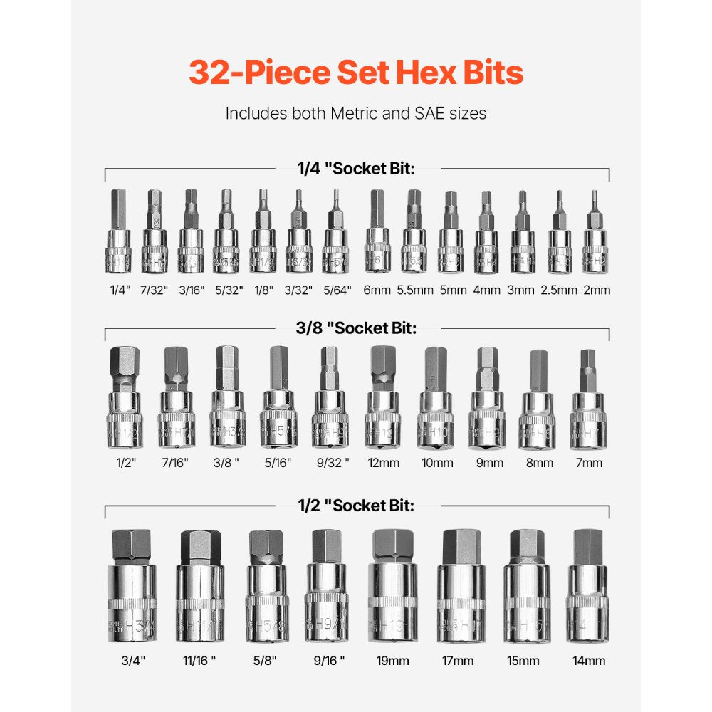 VEVOR Hex Bit Socket Set, 32-Piece, S2 Alloy Steel and Cr-V Steel, Standard SAE and Metric, 1/4 in, 3/8 in, and 1/2 in