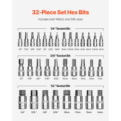 VEVOR Hex Bit Socket Set, 32-Piece, S2 Alloy Steel and Cr-V Steel, Standard SAE and Metric, 1/4 in, 3/8 in, and 1/2 in
