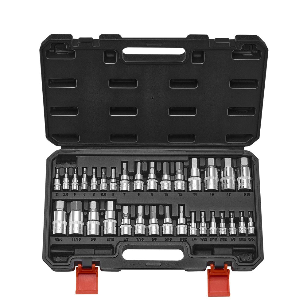 VEVOR Hex Bit Socket Set, 32-Piece, S2 Alloy Steel and Cr-V Steel, Standard SAE and Metric, 1/4 in, 3/8 in, and 1/2 in