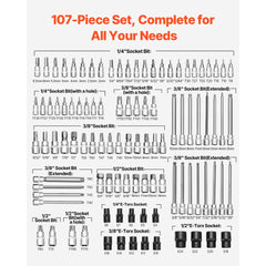 VEVOR Bit Socket Set, 107-Piece SAE and Metric, Hex/Torx/External Torx/Tamper-Proof/Extra Long, S2 Alloy Steel and Cr-V