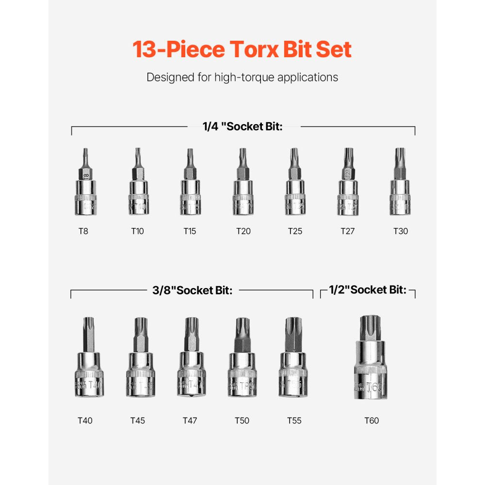 VEVOR Torx Bit Socket Set, 13-Piece Star T8 - T60 Set, S2 Alloy Steel and Cr-V Steel, 1/4 in, 3/8 in, and 1/2 in