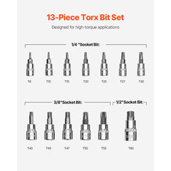 VEVOR Torx Bit Socket Set, 13-Piece Star T8 - T60 Set, S2 Alloy Steel and Cr-V Steel, 1/4 in, 3/8 in, and 1/2 in