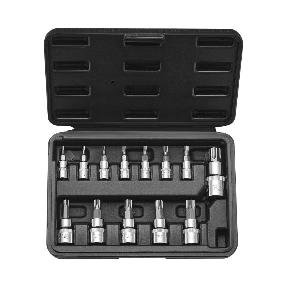 VEVOR Torx Bit Socket Set, 13-Piece Star T8 - T60 Set, S2 Alloy Steel and Cr-V Steel, 1/4 in, 3/8 in, and 1/2 in