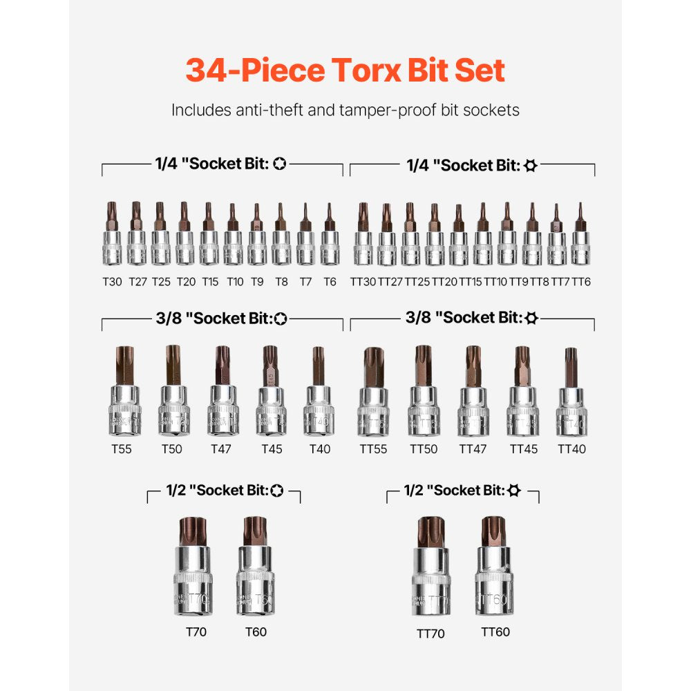 VEVOR Torx Bit Socket Set, 34-Piece Solid Star and Tamper Proof T6-T70, S2 Alloy Steel and Cr-V Steel, 1/4 in, 3/8 in