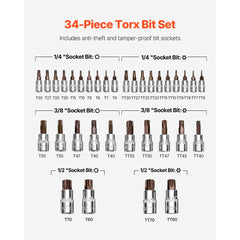 VEVOR Torx Bit Socket Set, 34-Piece Solid Star and Tamper Proof T6-T70, S2 Alloy Steel and Cr-V Steel, 1/4 in, 3/8 in