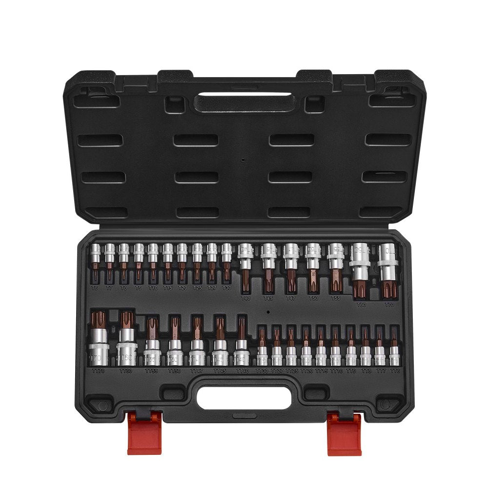VEVOR Torx Bit Socket Set, 34-Piece Solid Star and Tamper Proof T6-T70, S2 Alloy Steel and Cr-V Steel, 1/4 in, 3/8 in