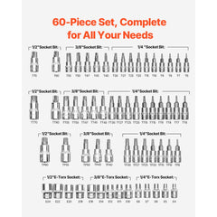 VEVOR Torx Bit Socket and External Torx Socket Set, 60-Piece T6-T70, TT6-TT70, TP8-TP60, E4-E24, S2 Alloy Steel and
