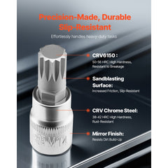 VEVOR XZN Triple Square Spline Bit Socket Set, 10-Piece M4 - M18, Premium Cr-V Steel, 1/4 in, 3/8 in, and 1/2 in