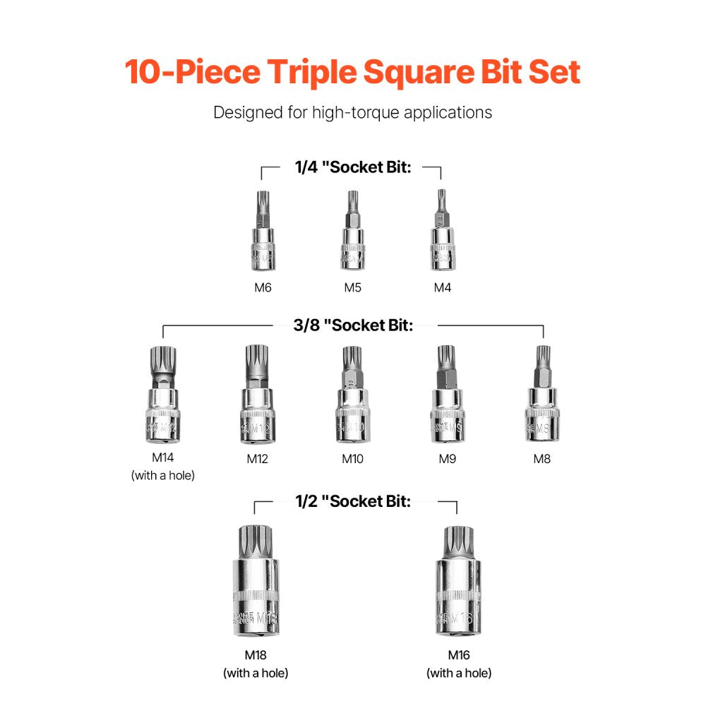VEVOR XZN Triple Square Spline Bit Socket Set, 10-Piece M4 - M18, Premium Cr-V Steel, 1/4 in, 3/8 in, and 1/2 in
