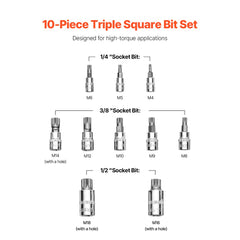 VEVOR XZN Triple Square Spline Bit Socket Set, 10-Piece M4 - M18, Premium Cr-V Steel, 1/4 in, 3/8 in, and 1/2 in