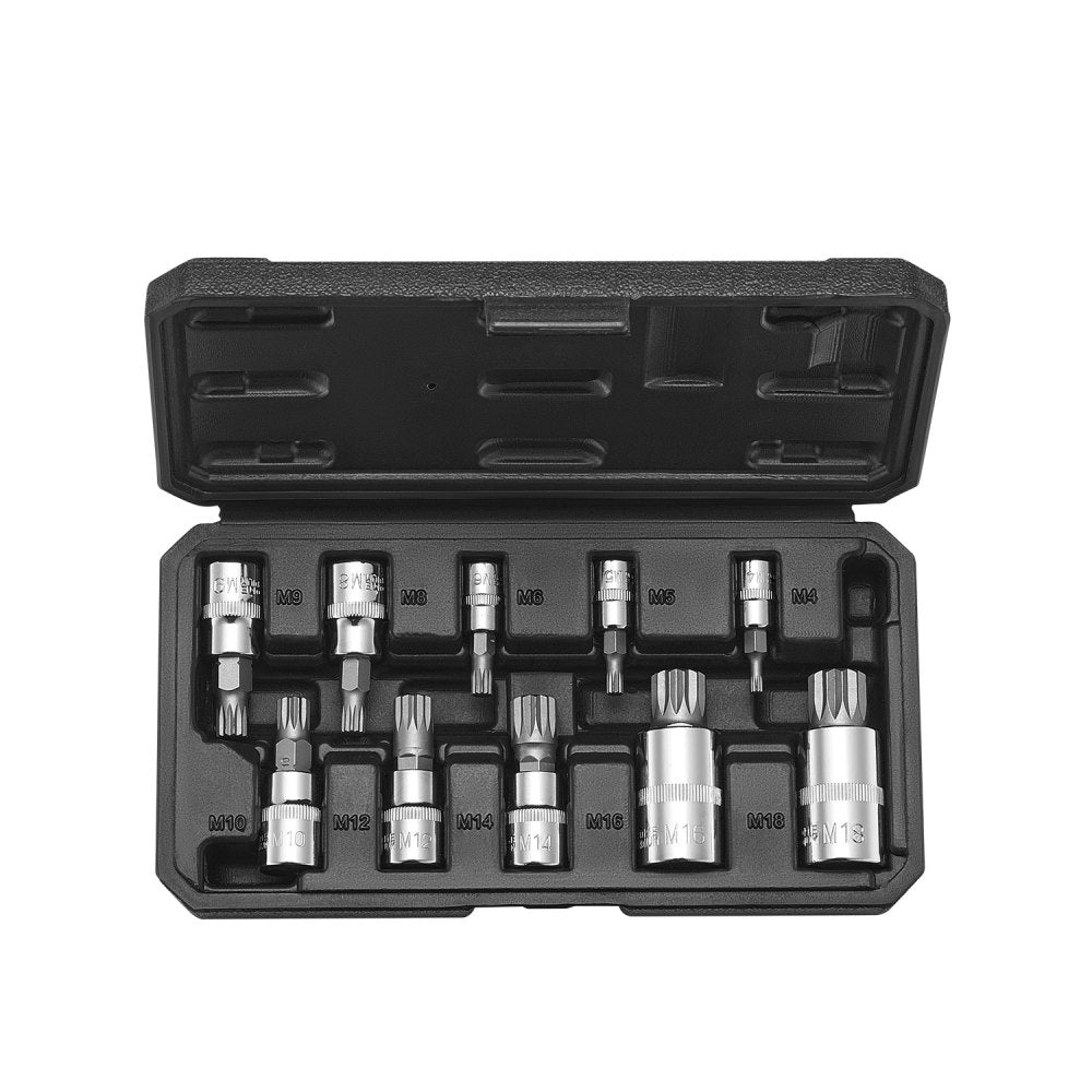 VEVOR XZN Triple Square Spline Bit Socket Set, 10-Piece M4 - M18, Premium Cr-V Steel, 1/4 in, 3/8 in, and 1/2 in