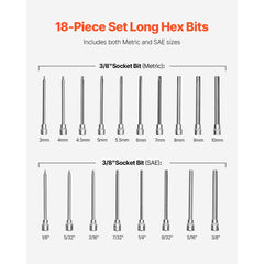 VEVOR Extra Long Allen Hex Bit Socket Set, 18-Piece 3/8 inch Drive, S2 Alloy Steel and Cr-V Steel, Standard SAE and