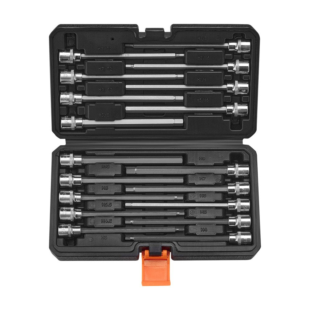 VEVOR Extra Long Allen Hex Bit Socket Set, 18-Piece 3/8 inch Drive, S2 Alloy Steel and Cr-V Steel, Standard SAE and