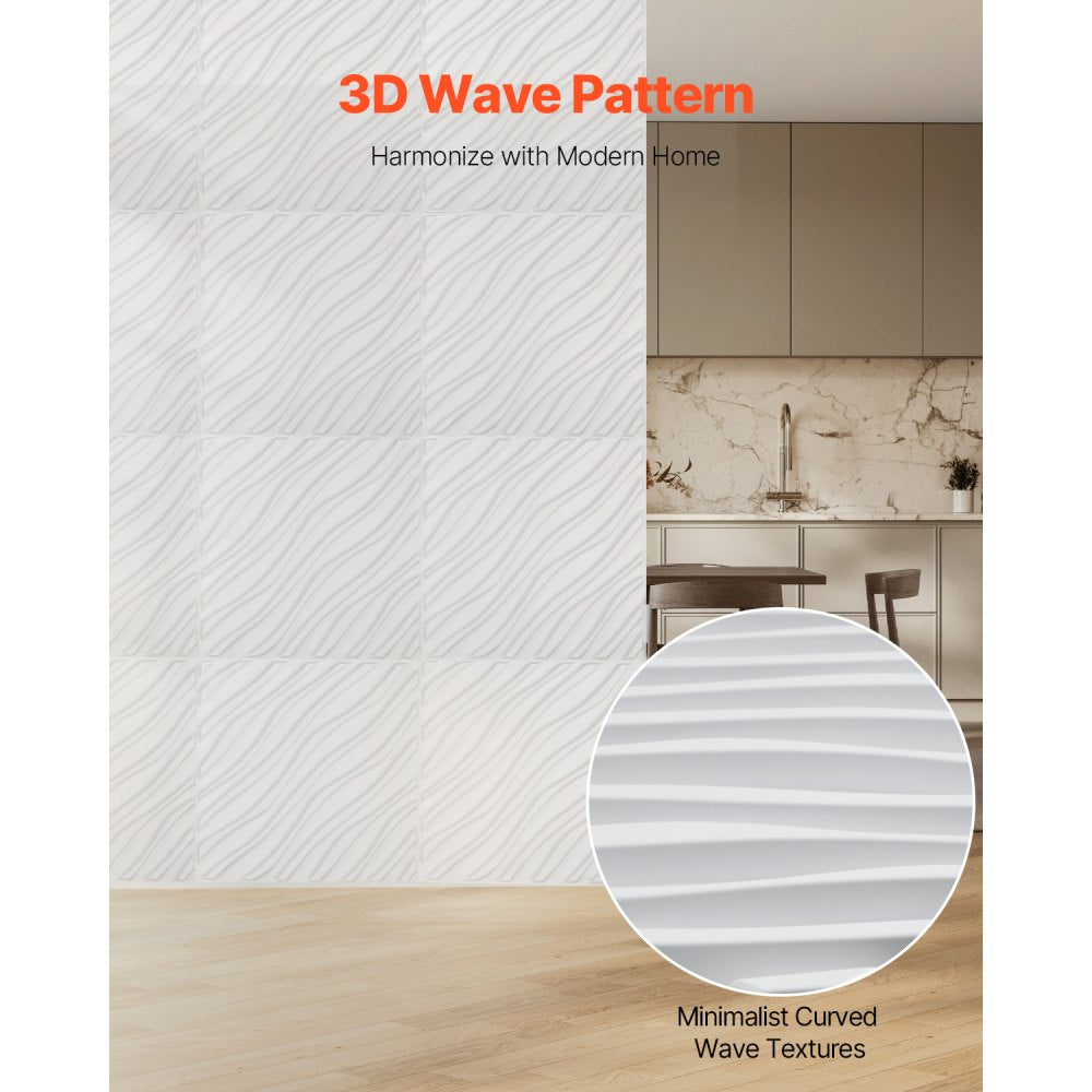 VEVOR 3D Wall Panels, 12-Pack 19.7 x 19.7 in PVC Modern Art Minimalist Wave Tiles, 32 Sq.Ft Coverage Accent Wall Panel