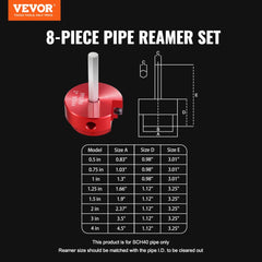 VEVOR 8Pcs PVC Pipe Reamer Kit, 8-Piece, Plastic Pipe Fitting Socket Saver Kit, Includes 1/2'', 3/4", 1", 1-1/4''