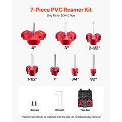 VEVOR PVC Pipe Reamer Kit, 7-Piece, 3 Blades PVC Fitting Socket Saver, Includes 1/2", 3/4", 1", 1-1/2", 2", 3", 4"