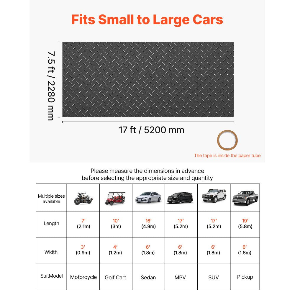 VEVOR Garage Floor Roll, 7.5 x 17 ft Garage Flooring Mat, 2.2 mm Thickened PVC Diamond Plate Floor Protector Mat with