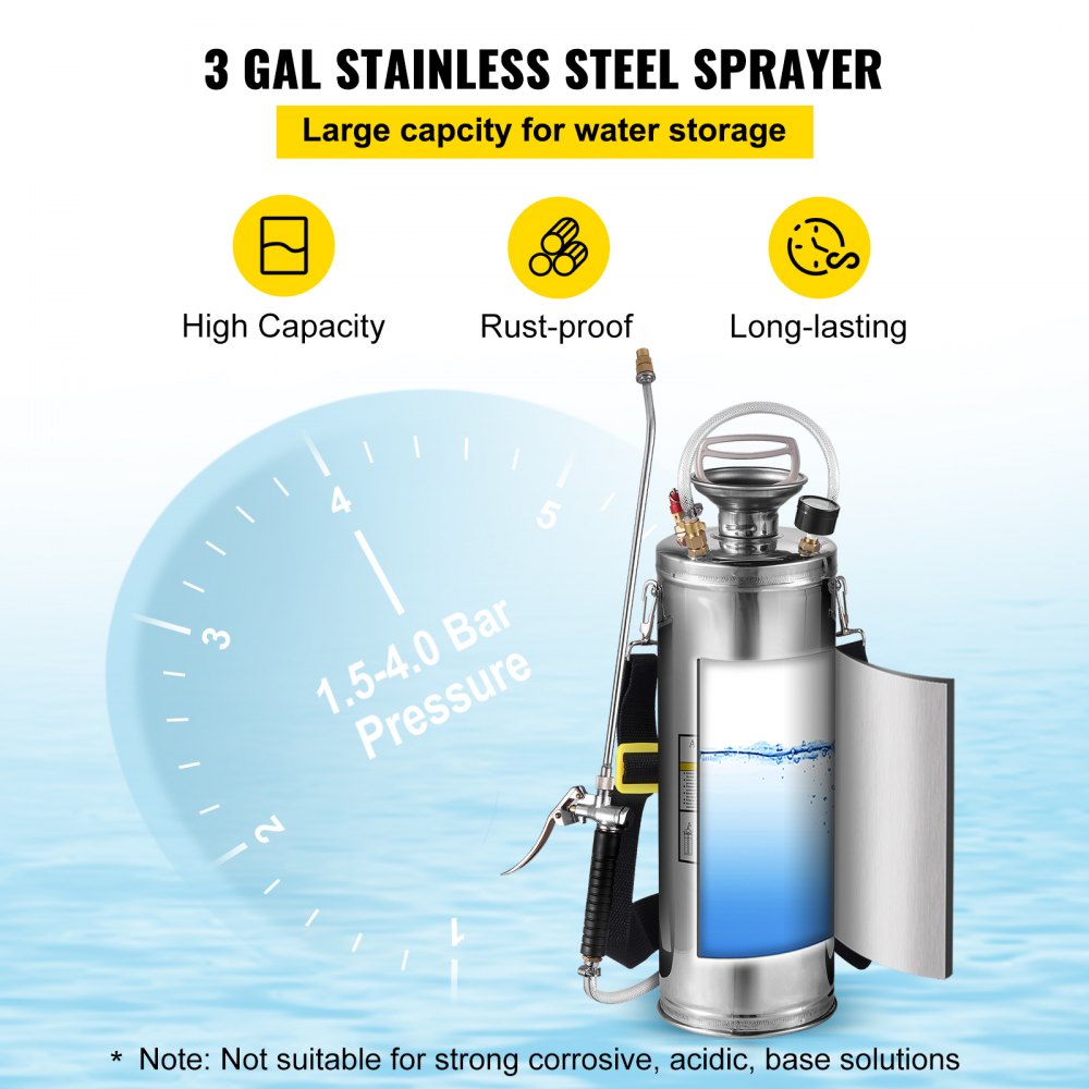 3 Gallon Stainless Steel Sprayer, 20" Wand & 3FT Reinforced Hose, Hand Pump Sprayer with Pressure Gauge, Safety Valve &