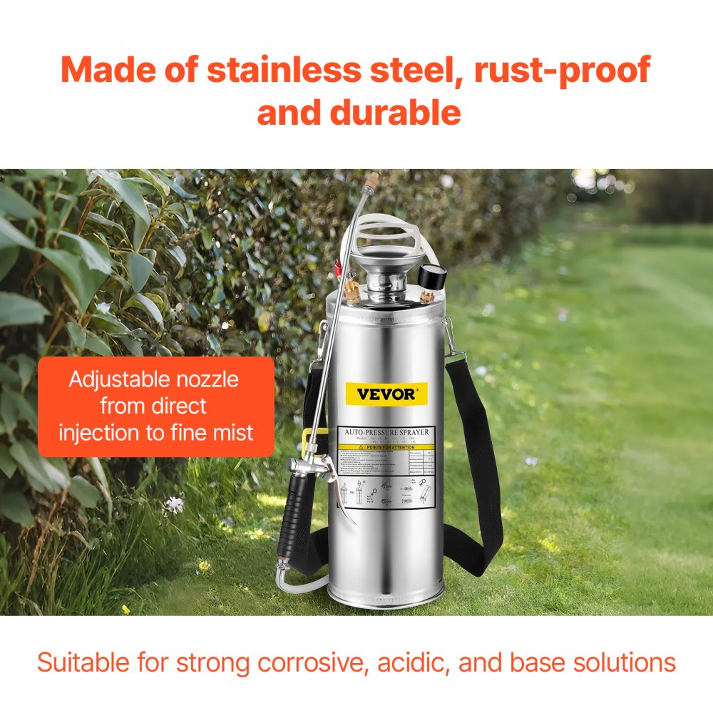 3 Gallon Stainless Steel Sprayer, 20" Wand & 3FT Reinforced Hose, Hand Pump Sprayer with Pressure Gauge, Safety Valve &