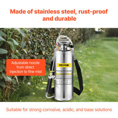 3 Gallon Stainless Steel Sprayer, 20" Wand & 3FT Reinforced Hose, Hand Pump Sprayer with Pressure Gauge, Safety Valve &