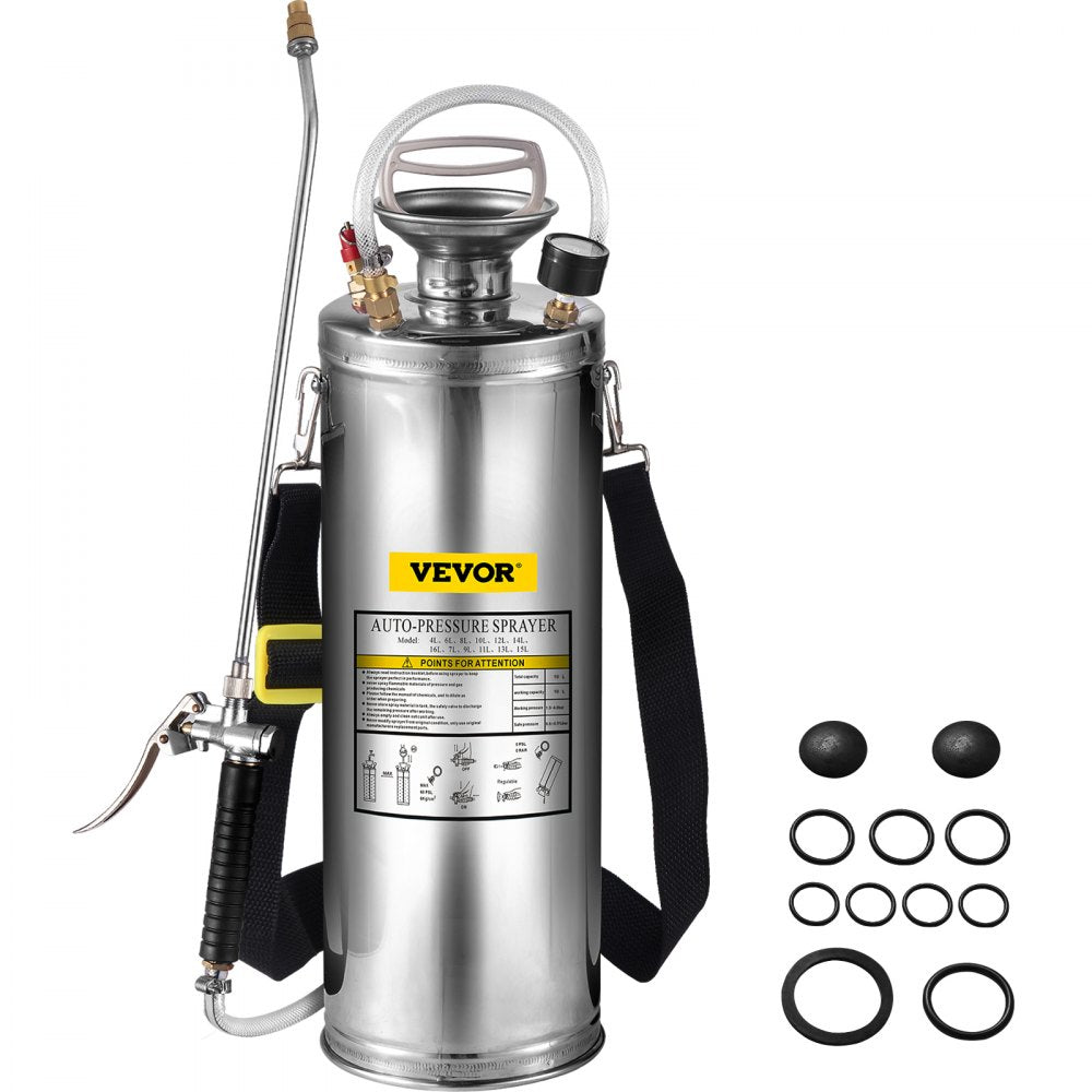 3 Gallon Stainless Steel Sprayer, 20" Wand & 3FT Reinforced Hose, Hand Pump Sprayer with Pressure Gauge, Safety Valve &