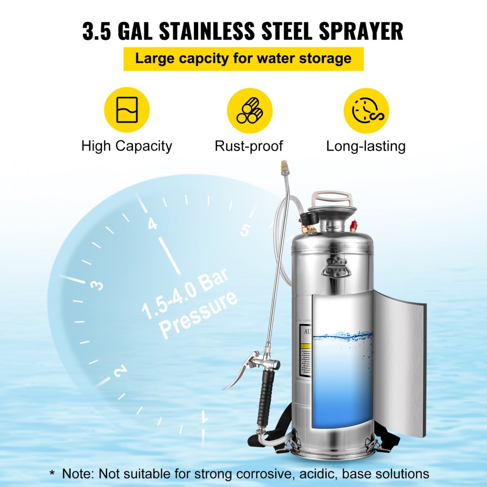 VEVOR 3.5Gal Stainless Steel Sprayer,l Set with 20" Wand& Handle& 3FT Reinforced Hose, Hand Pump Sprayer with Pressure