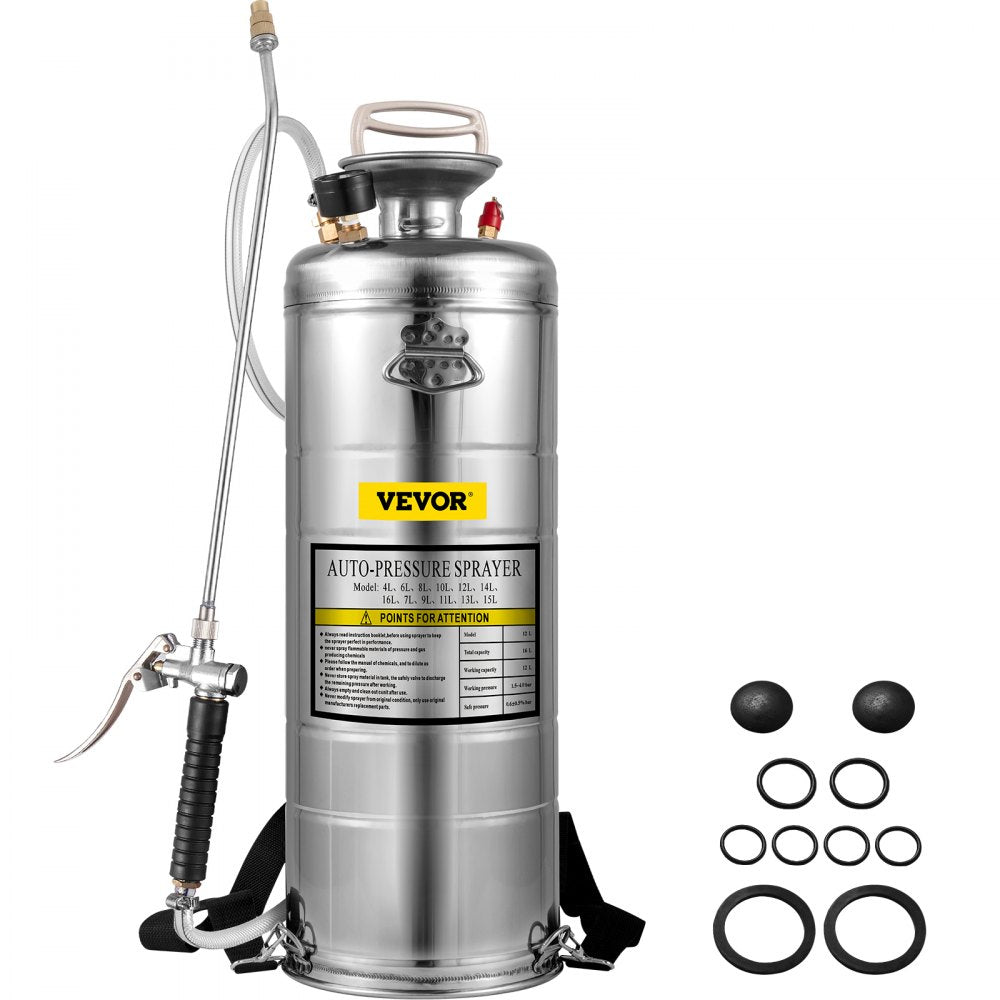 VEVOR 3.5Gal Stainless Steel Sprayer,l Set with 20" Wand& Handle& 3FT Reinforced Hose, Hand Pump Sprayer with Pressure