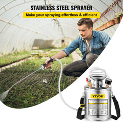 1 Gallon Stainless Steel Sprayer, 12" Wand & 3FT Reinforced Hose, Hand Pump Sprayer with Pressure Gauge, Safety Valve &