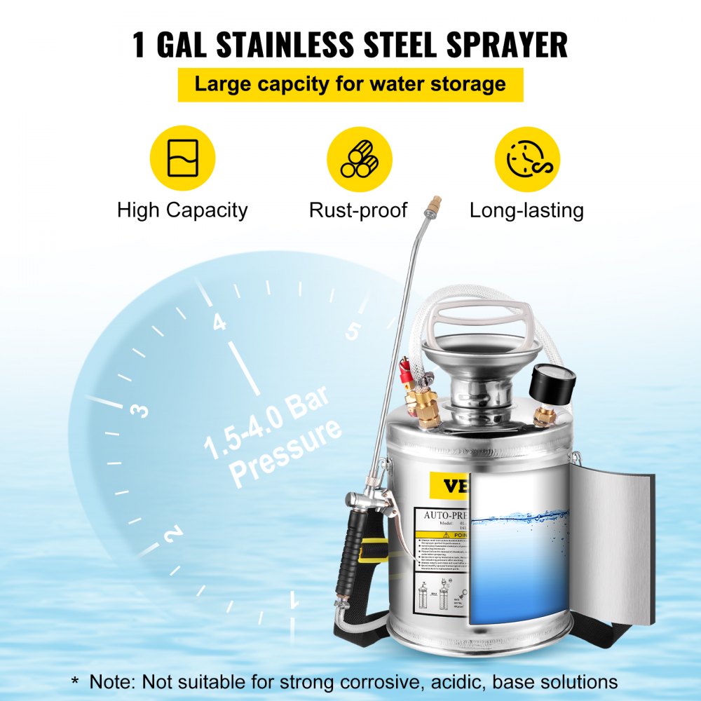 1 Gallon Stainless Steel Sprayer, 12" Wand & 3FT Reinforced Hose, Hand Pump Sprayer with Pressure Gauge, Safety Valve &