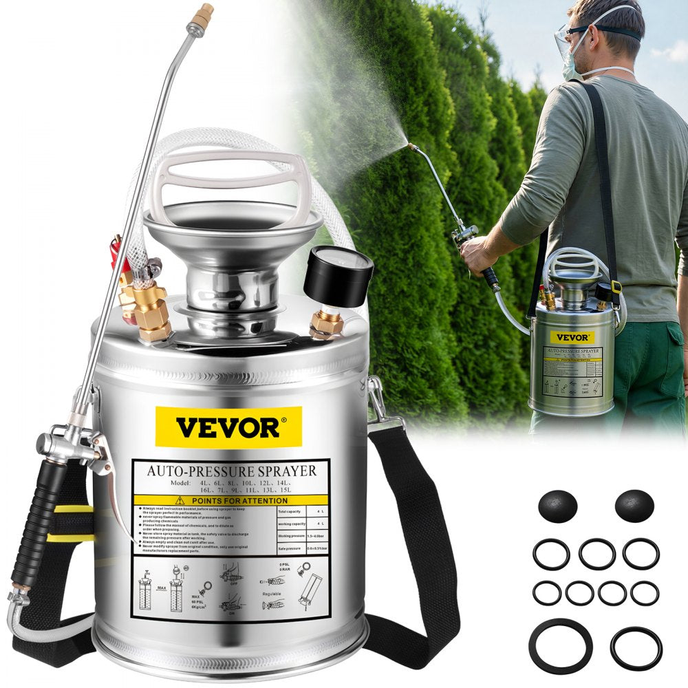 1 Gallon Stainless Steel Sprayer, 12" Wand & 3FT Reinforced Hose, Hand Pump Sprayer with Pressure Gauge, Safety Valve &