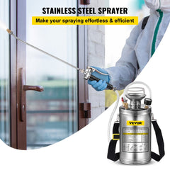 VEVOR 1.5Gal Stainless Steel Sprayer, Set with 16" Wand& Handle& 3.3FT Reinforced Hose, Hand Pump Sprayer with Pressure