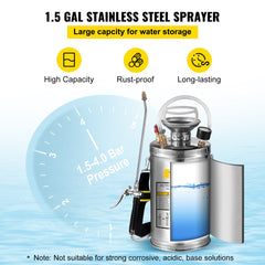 VEVOR 1.5Gal Stainless Steel Sprayer, Set with 16" Wand& Handle& 3.3FT Reinforced Hose, Hand Pump Sprayer with Pressure