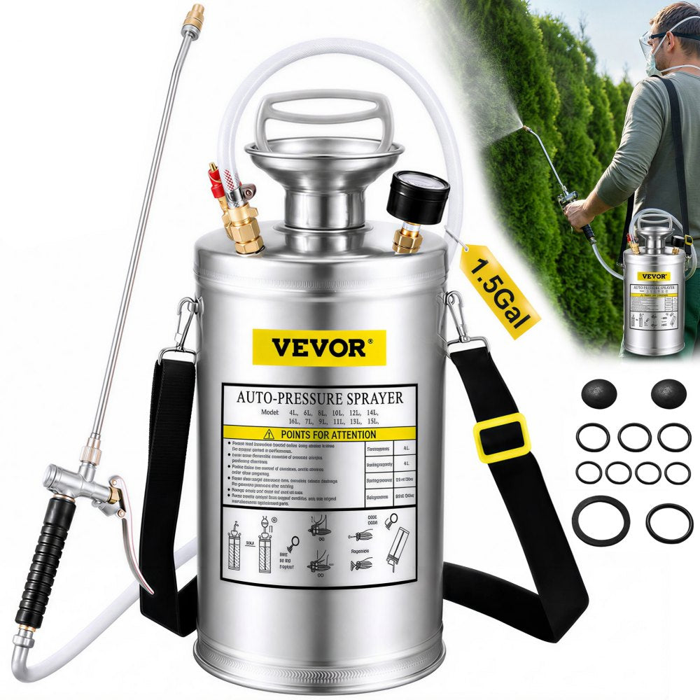 VEVOR 1.5Gal Stainless Steel Sprayer, Set with 16" Wand& Handle& 3.3FT Reinforced Hose, Hand Pump Sprayer with Pressure