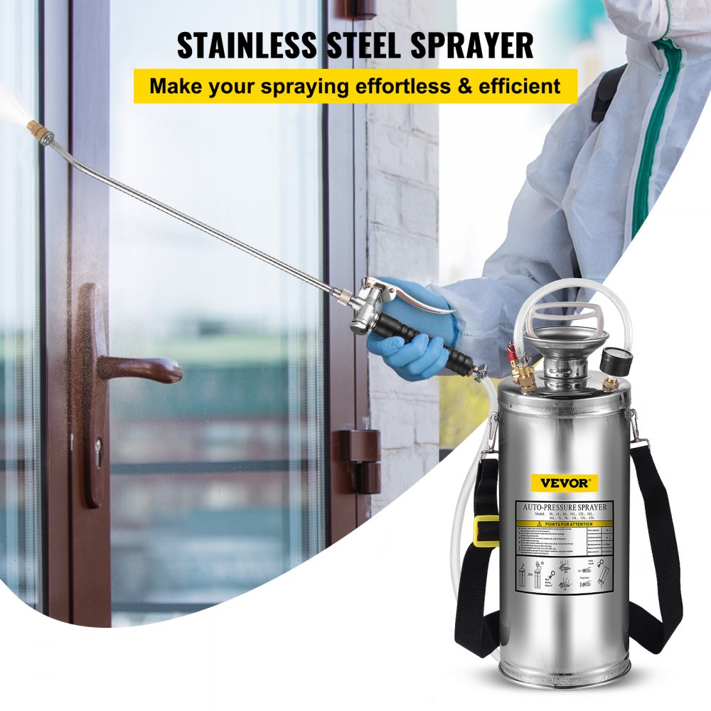VEVOR 2Gal Stainless Steel Sprayer, Set with 20" Wand& Handle& 3FT Reinforced Hose, Hand Pump Sprayer with Pressure