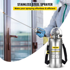 VEVOR 2Gal Stainless Steel Sprayer, Set with 20" Wand& Handle& 3FT Reinforced Hose, Hand Pump Sprayer with Pressure