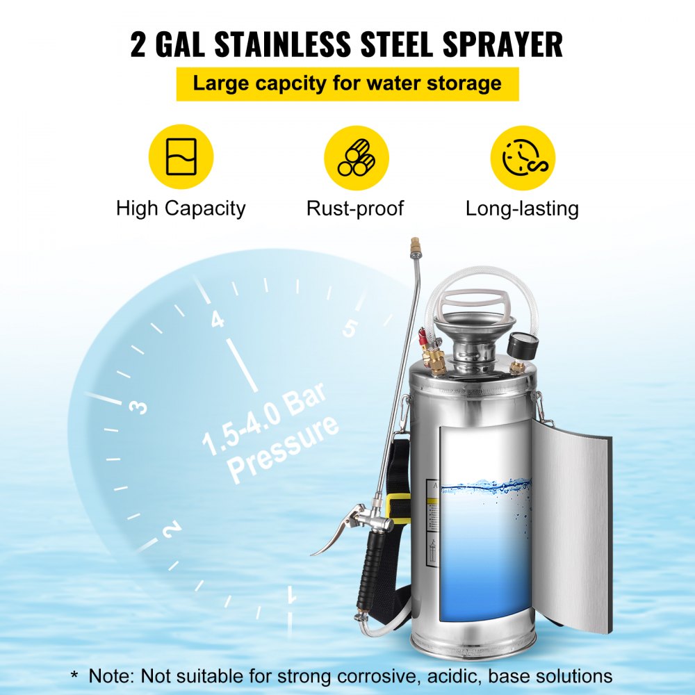 VEVOR 2Gal Stainless Steel Sprayer, Set with 20" Wand& Handle& 3FT Reinforced Hose, Hand Pump Sprayer with Pressure