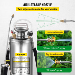 VEVOR 2Gal Stainless Steel Sprayer, Set with 20" Wand& Handle& 3FT Reinforced Hose, Hand Pump Sprayer with Pressure