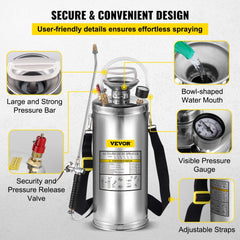 VEVOR 2Gal Stainless Steel Sprayer, Set with 20" Wand& Handle& 3FT Reinforced Hose, Hand Pump Sprayer with Pressure