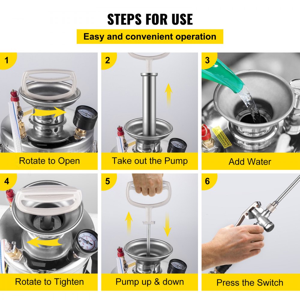 VEVOR 2Gal Stainless Steel Sprayer, Set with 20" Wand& Handle& 3FT Reinforced Hose, Hand Pump Sprayer with Pressure