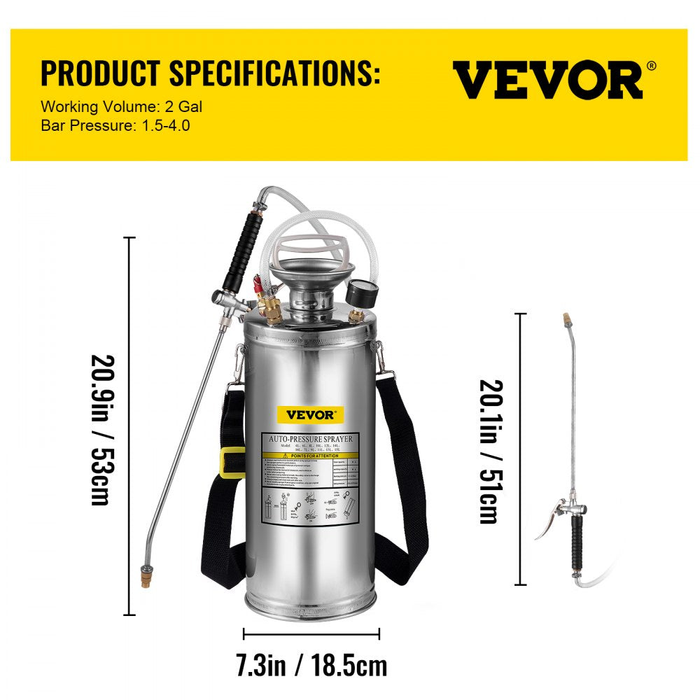 VEVOR 2Gal Stainless Steel Sprayer, Set with 20" Wand& Handle& 3FT Reinforced Hose, Hand Pump Sprayer with Pressure
