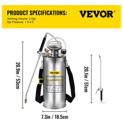 VEVOR 2Gal Stainless Steel Sprayer, Set with 20" Wand& Handle& 3FT Reinforced Hose, Hand Pump Sprayer with Pressure
